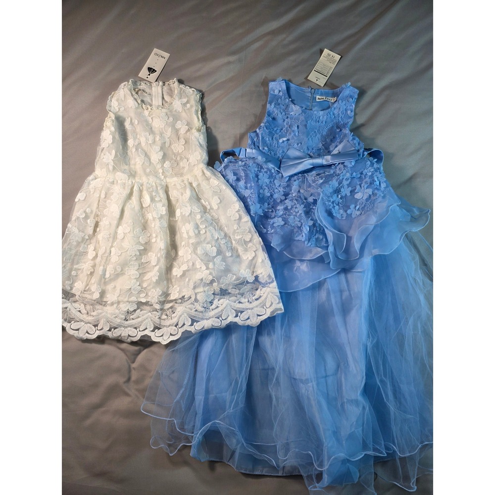 NNJXD Formal Dress Set Size 3-4T Blue White Lace Tulle Flower Girl Gowns